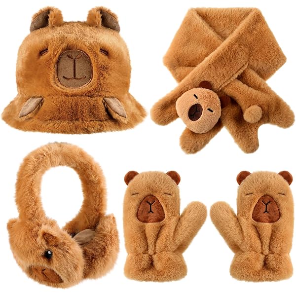 Ensemble Hiver 3-en-1 Capybara - Bonnet Avec Oreilles, Écharpe Et Gants/Mitaines - Polaire Douce