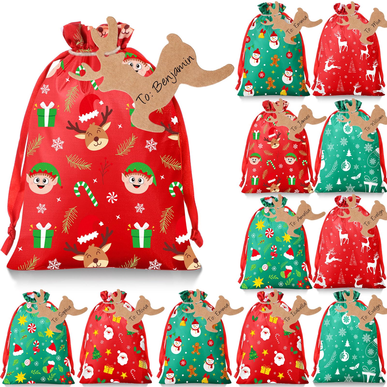 Photo 1 of 24 Pieces Christmas Burlap Gift Bags Christmas Treat Bags with Drawstrings Small Christmas Gift Goody Bags for Xmas Holiday New Year Party Favors Supplies, 12 Designs (10 x 8 Inch,Delicate Style)