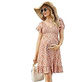 Coolmee Women's Maternity Short Sleeve Ruffle Dress V Neck Summer Casual Smocked Flowy Midi Dress for Baby Shower Photoshoot