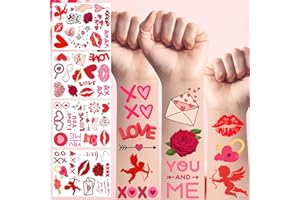 BACKTOPEIA 50Pcs Valentine Temporary Tattoos For Couple Gift Idea Decorations Valentine Party Favors Decorative Suitable For Kids Teens Youth Adult Flowers Rose Heart Lips Tattoos