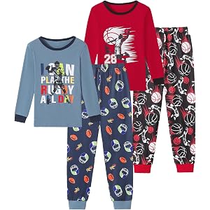 Mikrdoo Boys Pajamas Long Sleeve 4 Piece Snug Fit Set Stretch Size 4-14 Y | This boys' all-over print sleepwear is made from