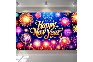 BlissYard Happy New Year Banner 2026 71 x 43 Inch Fireworks Photo Backdrop Colorful New Year Eve Party Wall Decoration Banner for Indoor Outdoor Celebration Home Event Decor
