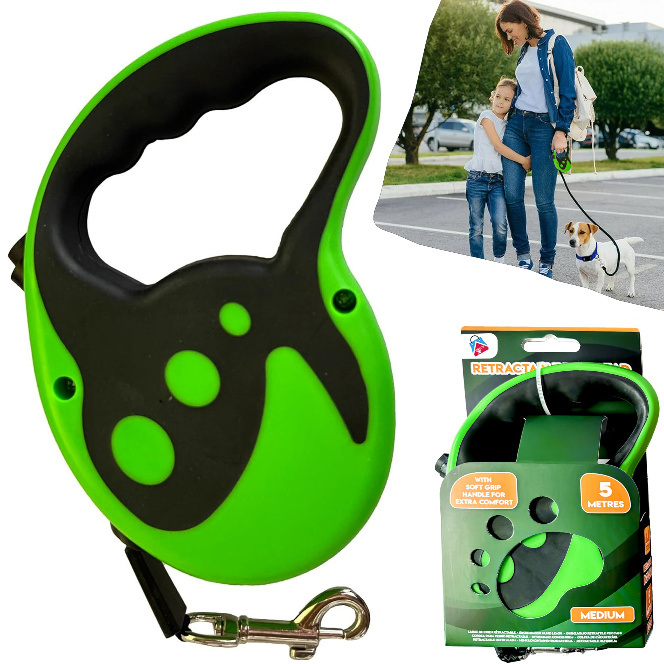 Retractable Dog Lead, No-Tangle Dog Leash| 5M Reflective Nylon Leash, Swivel Clip, One-Handed Brake, Rubber Handle Reflective Dogs