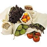 Simple Ecology Reusable Grocery Produce Shopping and Storage Bags, Organic Cotton Muslin, Set of 6 (2 ea. of L, M, S)