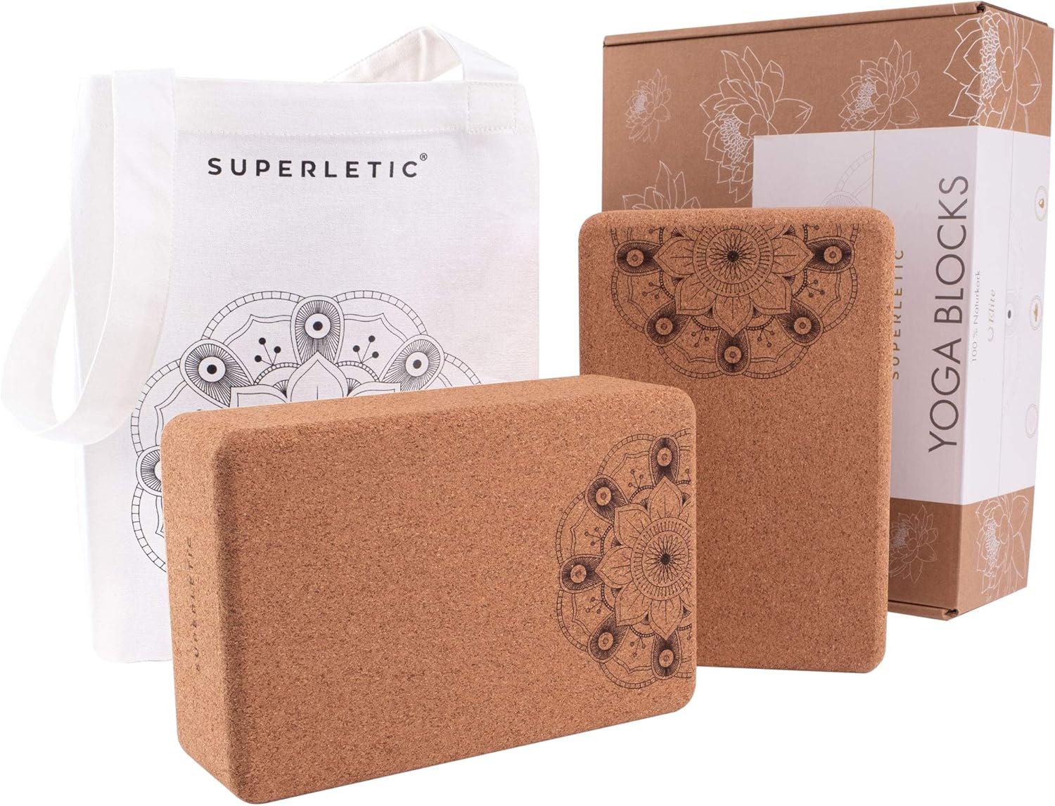 SUPERLETIC® Yoga Block Elite Yogablock Kork 2er Set I Yogaklotz als