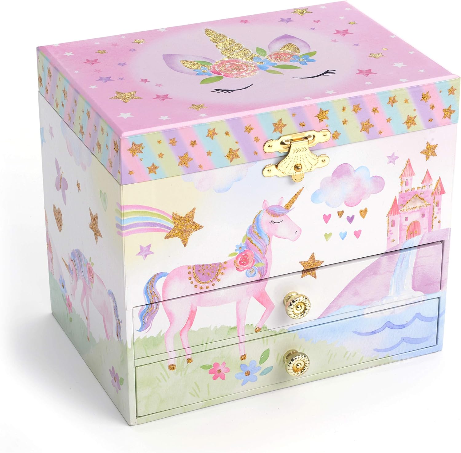 Jewelkeeper Musical Jewelry Box with 2 Pullout Drawers, Glitter Rainbow and Stars Unicorn Design, The Unicorn Tune: Jewelry