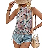 Simplee Womens Halter Tank Top Floral Tie High Neck Sleeveless Boho Loose Fit Flowy Tiered Summer Fashion Shirt Camisole Tops