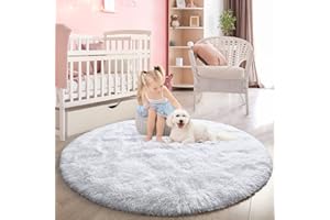 FlyDOIT White Round Rug for Bedroom, Super Fluffy Circle Rugs for Baby Nursery, 5'X5' Feet Furry Carpet for Children Kids Room, Cute Soft Shaggy Rug for Girls Home Decor, Fuzzy Plush Carpets for Dorm