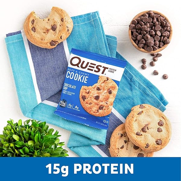 QUEST NUTRITION PROTEIN COOKIE, CHOCOLATE CHIP, 15G PROTEIN, 4G NET CARBS, 250 CALS, 2.08OZ COOKIE, SINGLE SAMPLE, HIGH PROTEIN, LOW CARB, GLUTEN FREE, SOY FREE