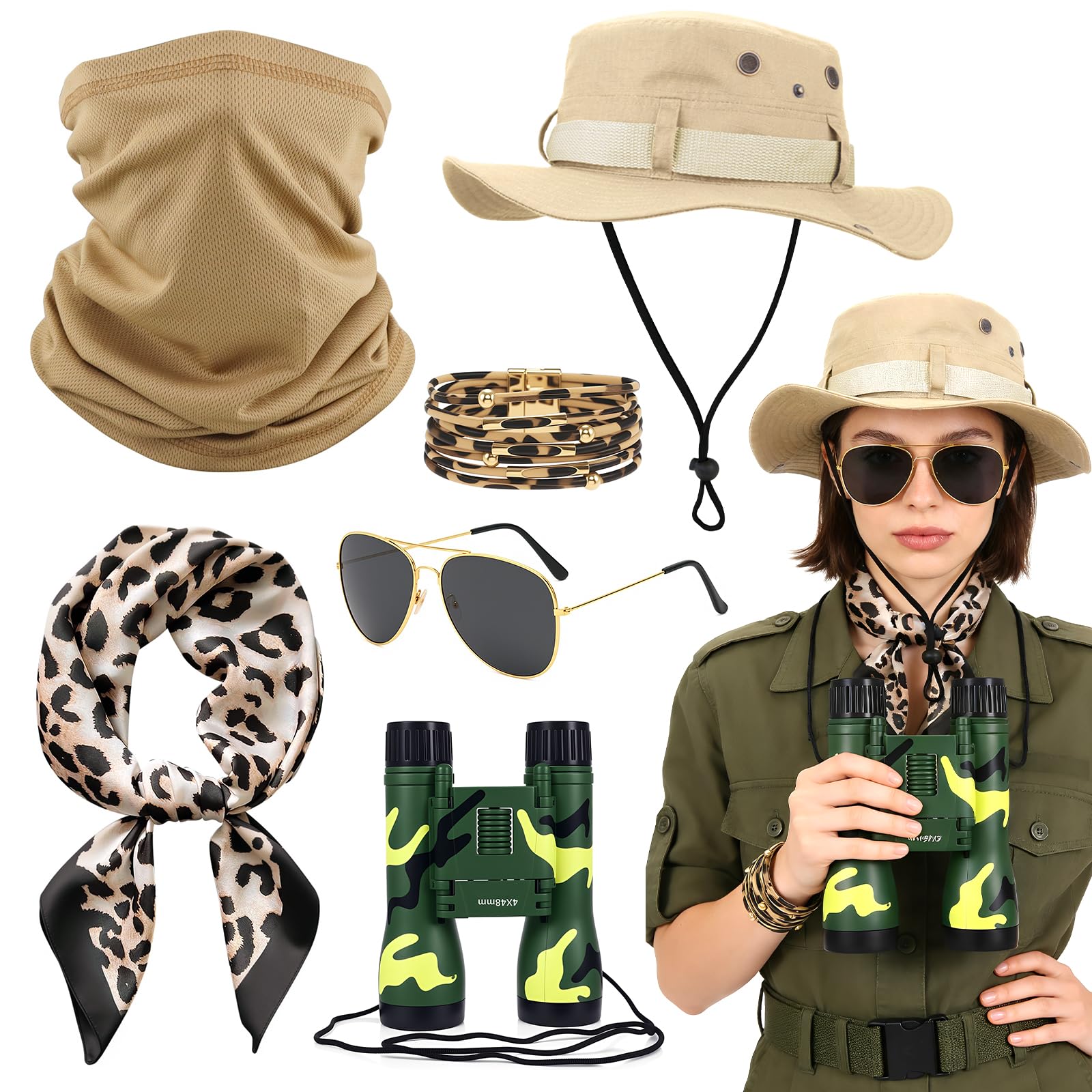 Oerphh Safari Explorer Costume Accessories Set Outfit for Women Dress Up Zoo Keeper with Hut, Tarnkleidung, Fernglas, Sonnenbrille, Schal, Halswärmer, Armband for Halloween Cosplay (color1)