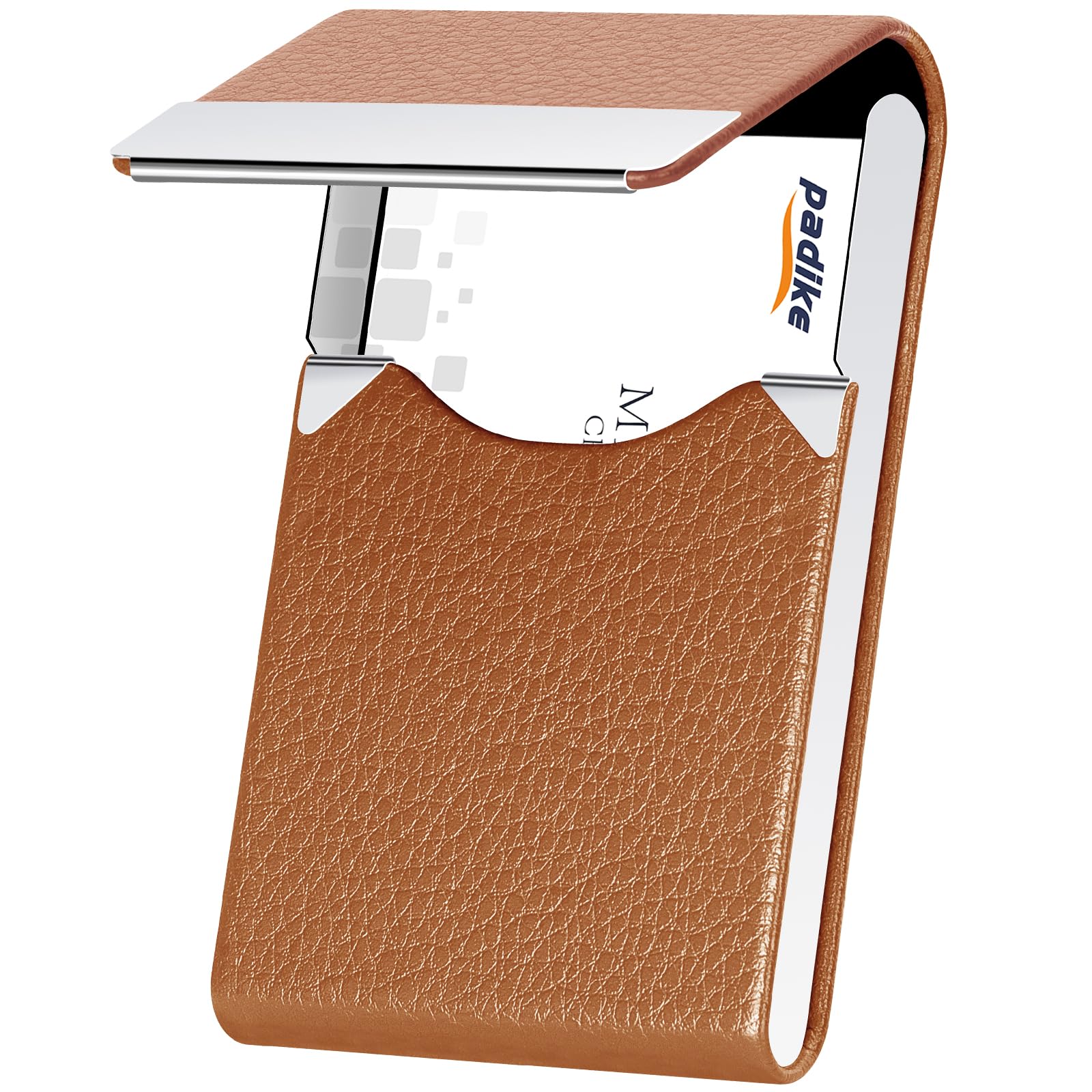 padike Professional Business Card Holder PU Leather Business Card Case Name Card Holder Slim Metal Pocket Card Holder with Magnetic Shut … (Apricot)