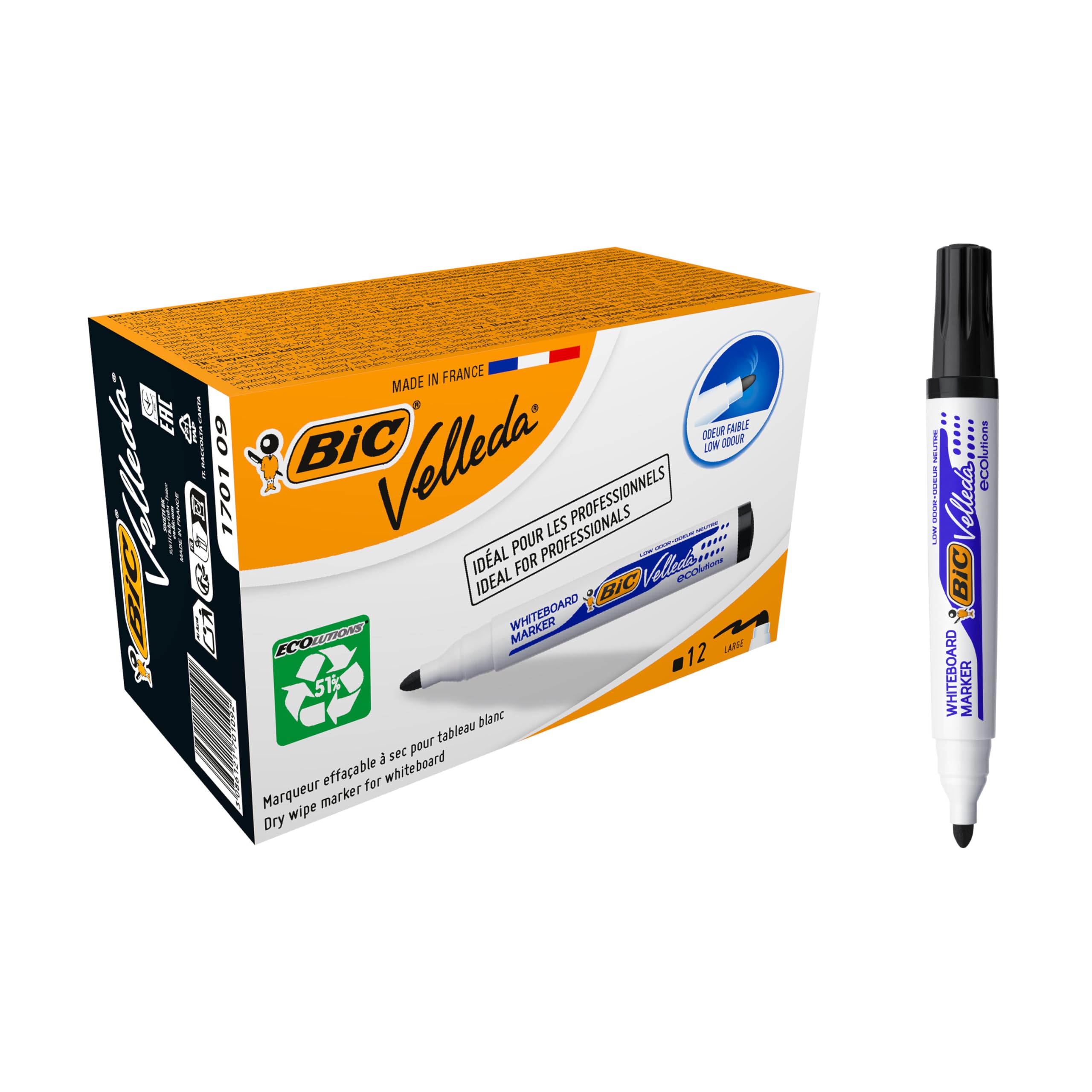 Bic Velleda 1701 Ecolutions Whiteboard Pens, Dry Erase Pens for School Whiteboards, Black Ink, Box of 12