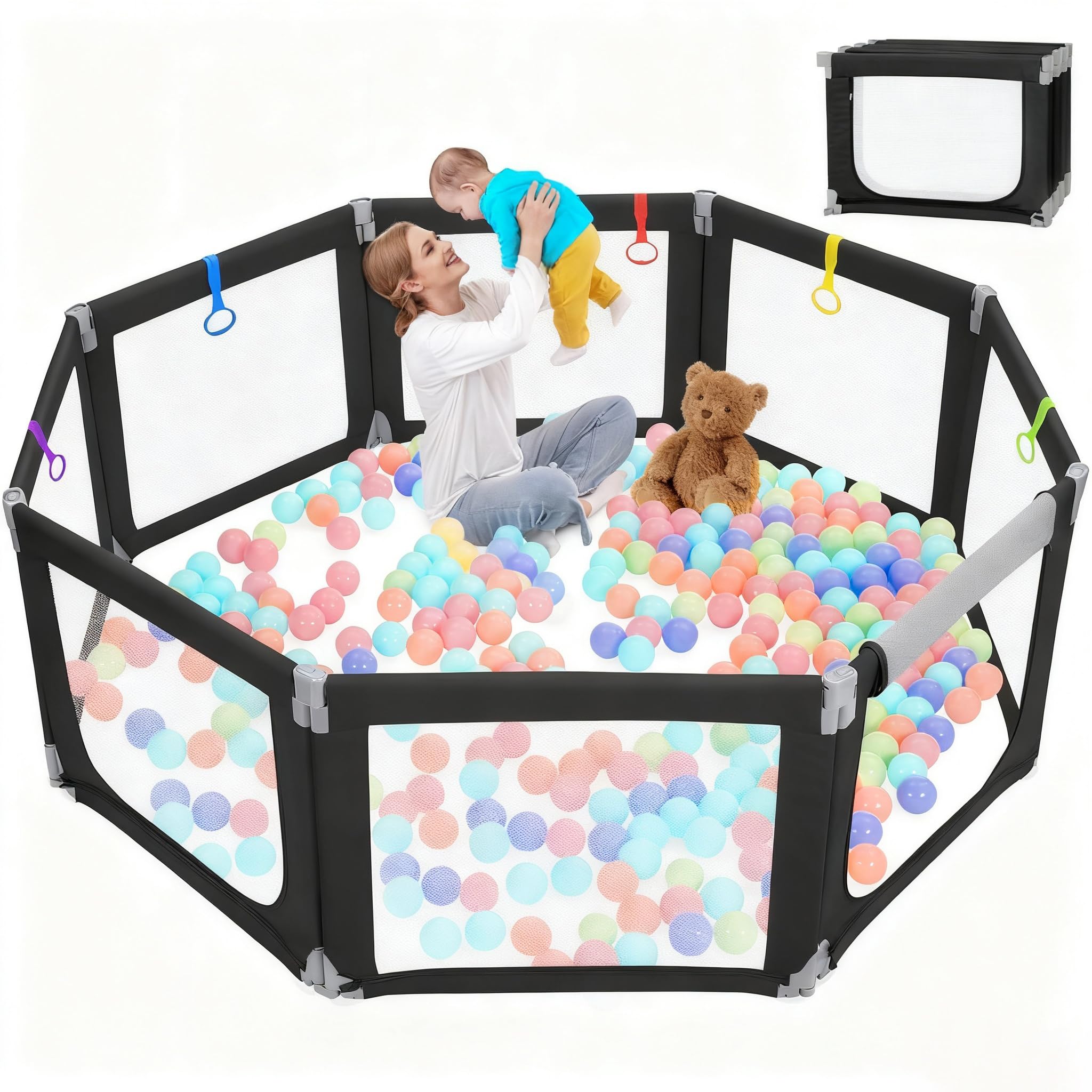 Photo 1 of Kidirect Foldable Playpen, 71''×69'' Extra Large Baby Playpen for Babies and Toddlers, Baby Gate Play Pen with Breathable Mesh, Adjustable Size & Shape Play Yards Indoor Outdoor for Toddlers, Black