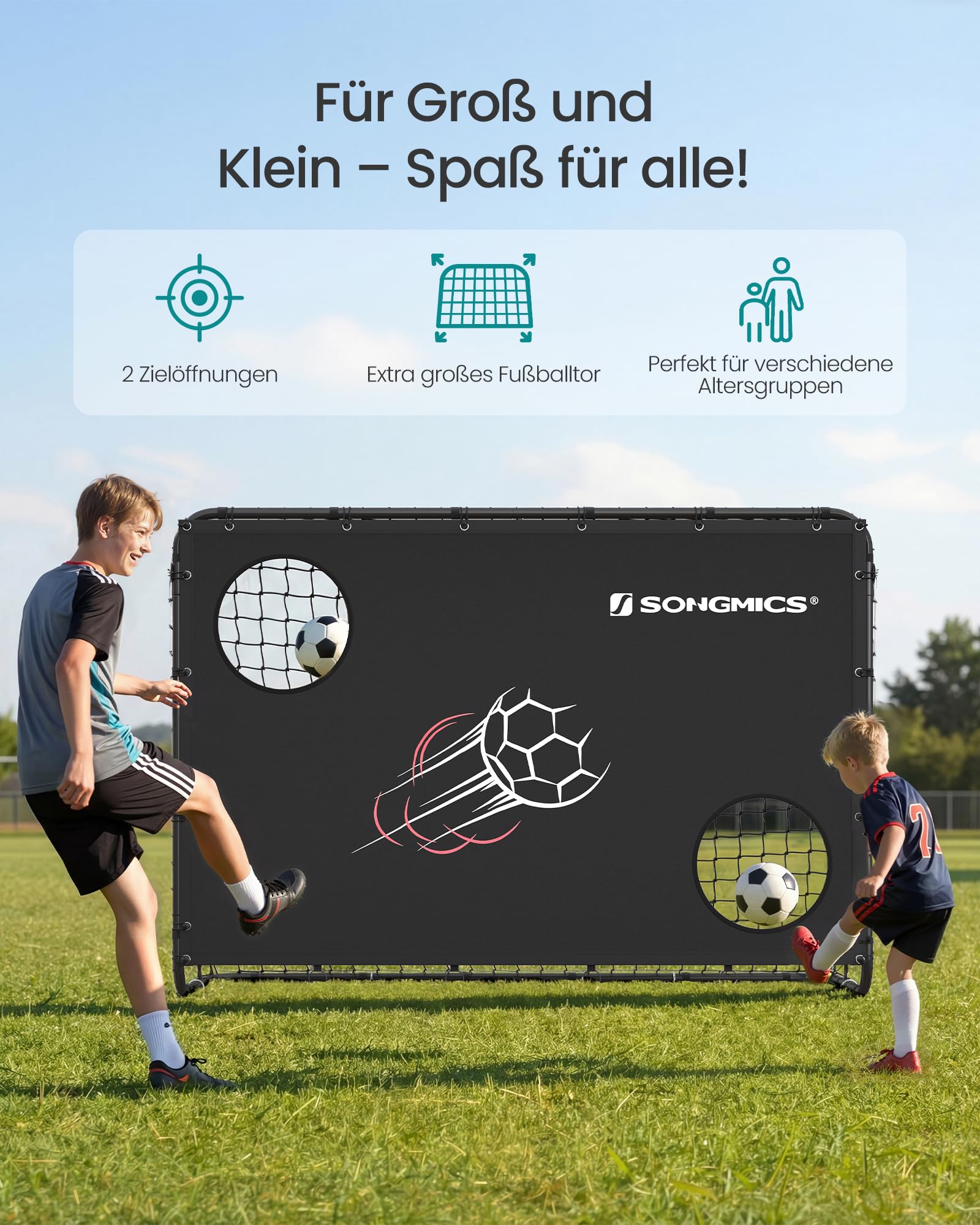 SONGMICS Fußballtor, mit Torwand, für alle Altersgruppen, Stahlrohre, PE-Netz, Outdoor, Garten, Strand, ‎215 x 76 x 150 cm, 2 Zielöffnungen mit Zählfunktion, schwarz SZQ215B02 3