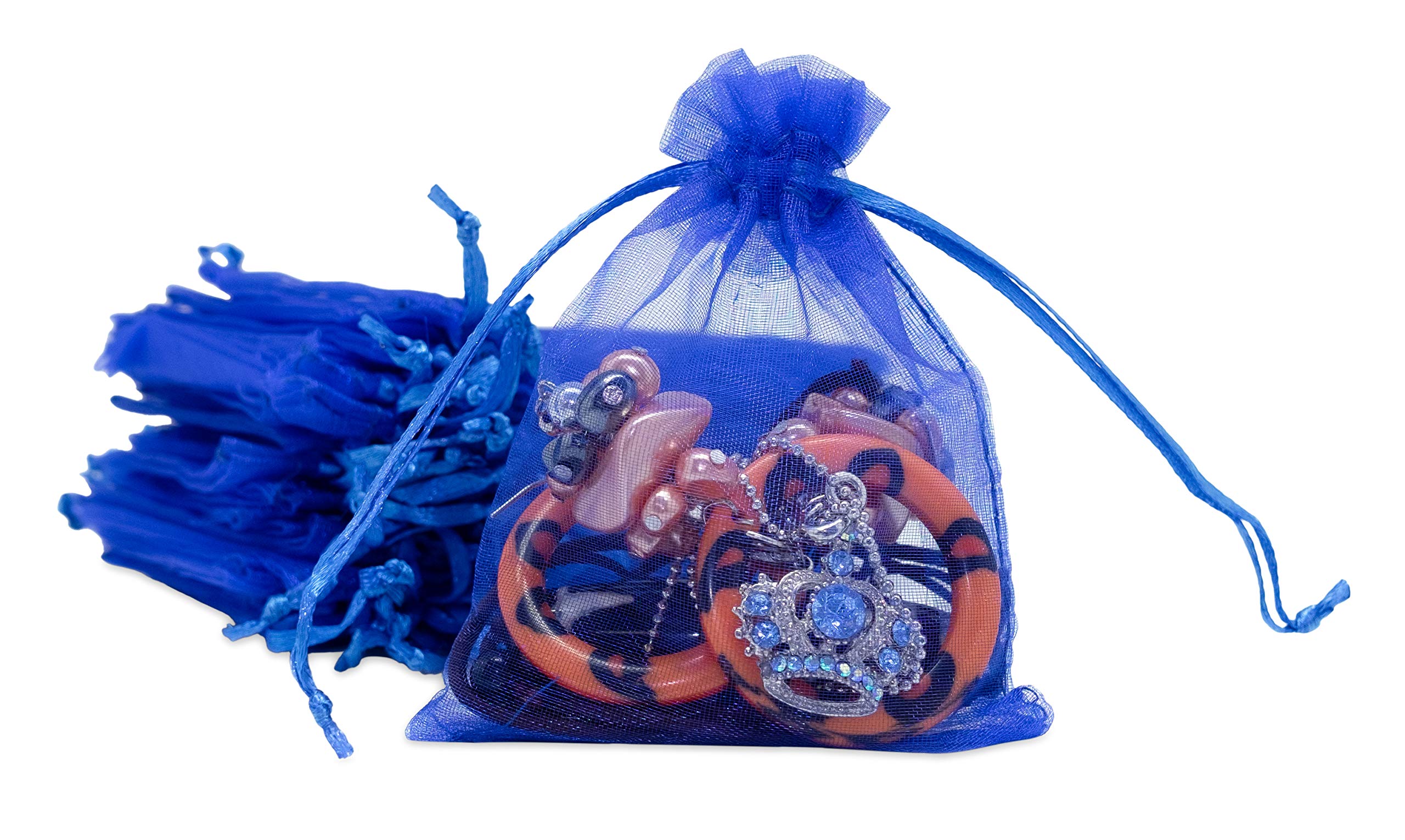 TheDisplayGuys 100-Pack 3x4 Royal Blue Sheer Organza Gift Bags with Drawstring, Jewelry Candy Treat Wedding Party Favors Mesh Pouch