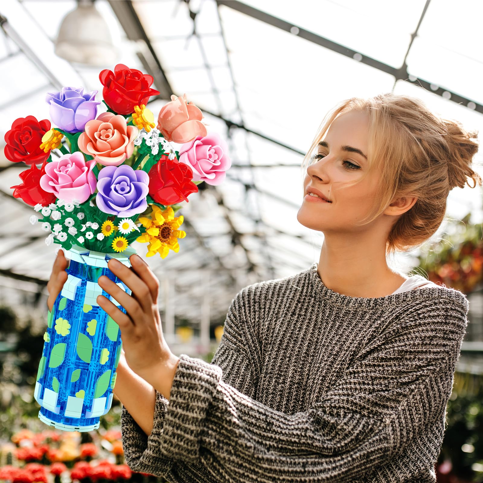 CUBIMANA Rosen-Blumen-Bausatz mit Vase und LED-Licht, 16 Mini-Blumensträuße, botanisches Bausteinspielzeug für Erwachsene, Muttertagsgeschenk, künstliche Blumen als Heimdekoration und Ausstellung 9