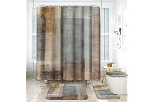 ArtSocket Beige Grey Abstract Bathroom Set with Shower Curtain and Rugs Accessory, Painting Brown Abstract Shower Curtain for Bathroom Decor 4 Pcs