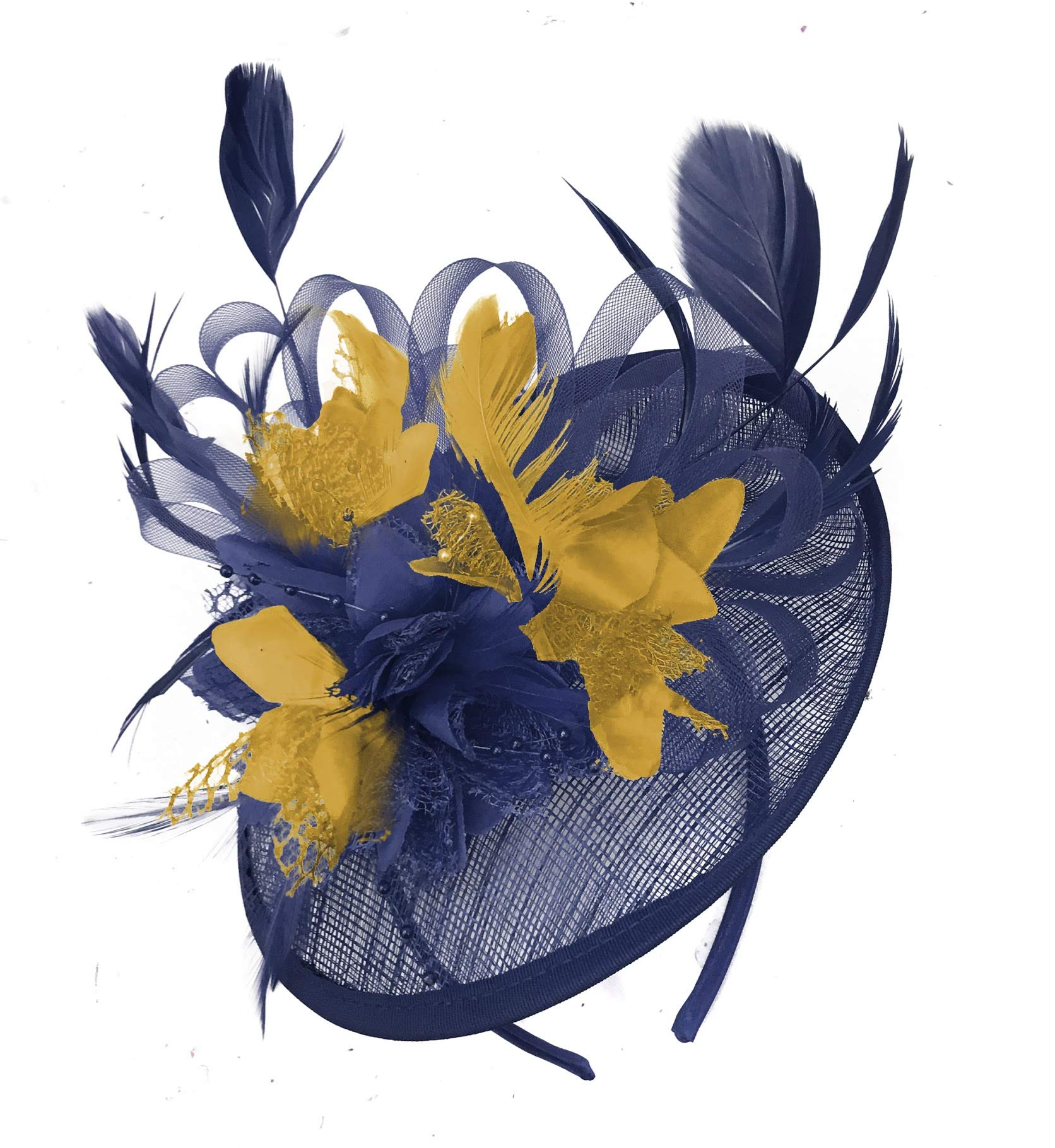Caprilite Navy Blue and Mustard Sinamay Disc Saucer Fascinator Hat for Women Weddings Headband