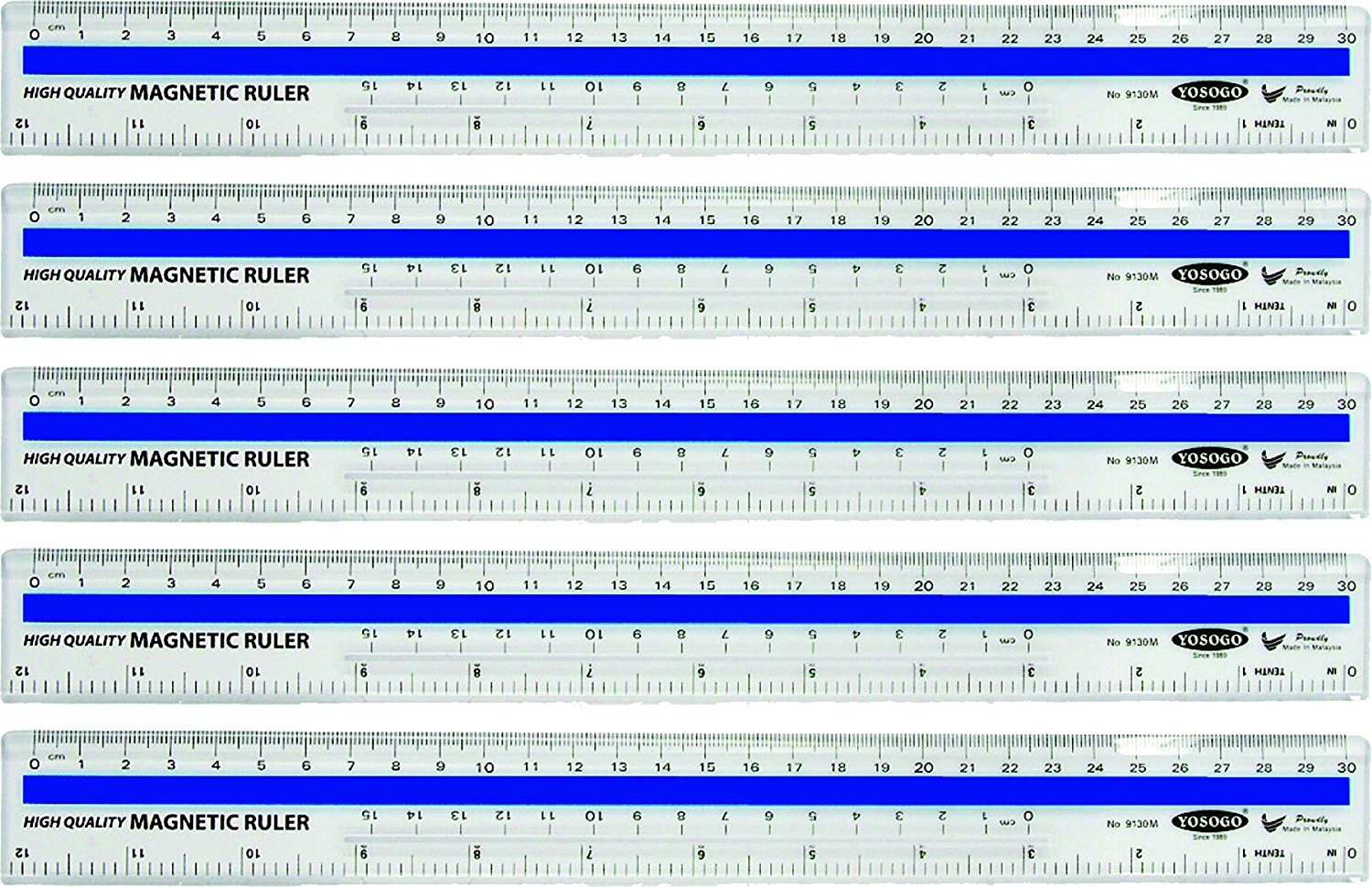 Yosogo 12 inch / 30 cm Magnetic Plastic Transparent Ruler - Pack of 5