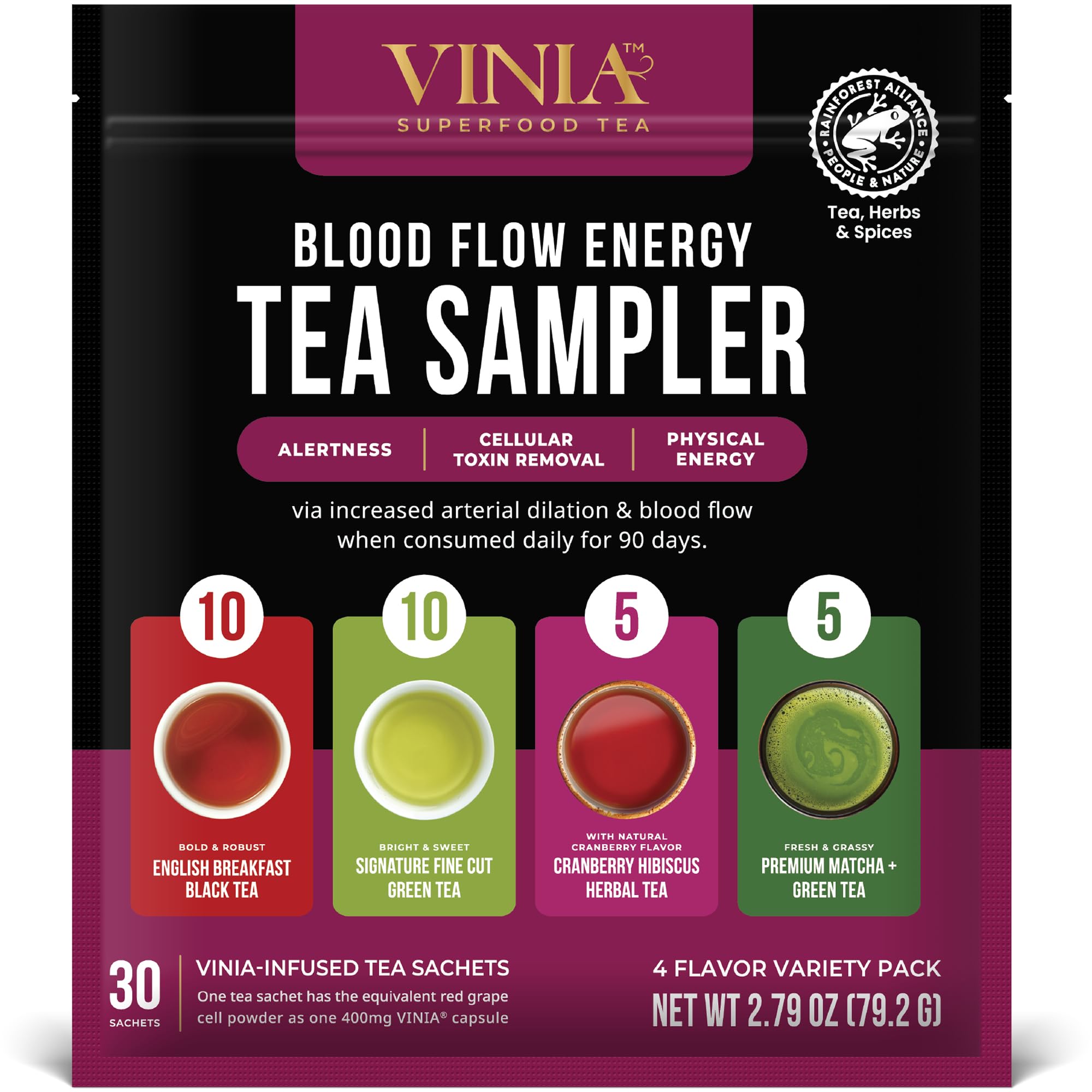 Photo 1 of VINIA Tea Sampler, 4 Flavor Variety Pack. Made with Organic Teas, Infused with Piceid Resveratrol for Heart Health, Nitric Oxide, Physical Energy, Alertness, Blood Flow, Keto, Kosher, NON-GMO. 30 Ct