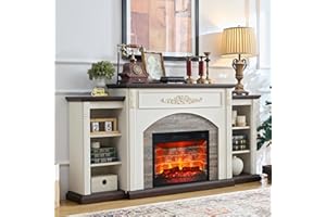 BOSHIRO Electric Fireplace with Mantel, Fireplace TV Stand for TVs Up to 80 Inch, 72" White Entertainment Center with Storage for Bedroom,23'' Red Brick Fireplace Insert Heater with LED Flame for Living Room