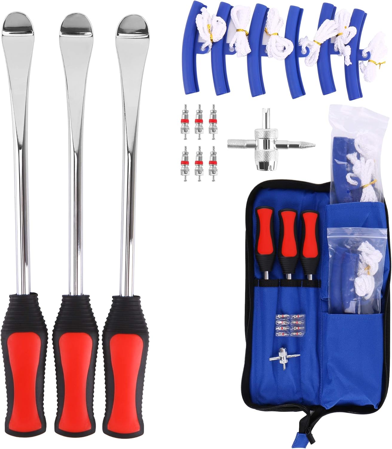 ASOOLL 11.5" Tire Spoon Dirt Bike Tire Changing Spoons Tool Lever Steel Spoons Kit for Motorcycle ATV Lawn Mower | with 1 Portable Bag + 3 Tire Spoons+ 6 Rim Protectors + 6 Valve Cores + 1 Valve: Automotive