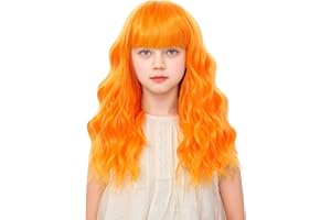 BUPPLER Kids Bright Orange Wig with Bangs 14 Inch Halloween Cosplay Wigs for Kids Girls Wavy Hair Synthetic Wig with Upgraded Strands,Shoulder Length Wigs for Costume Parties (14 Inch,Bright Orange)