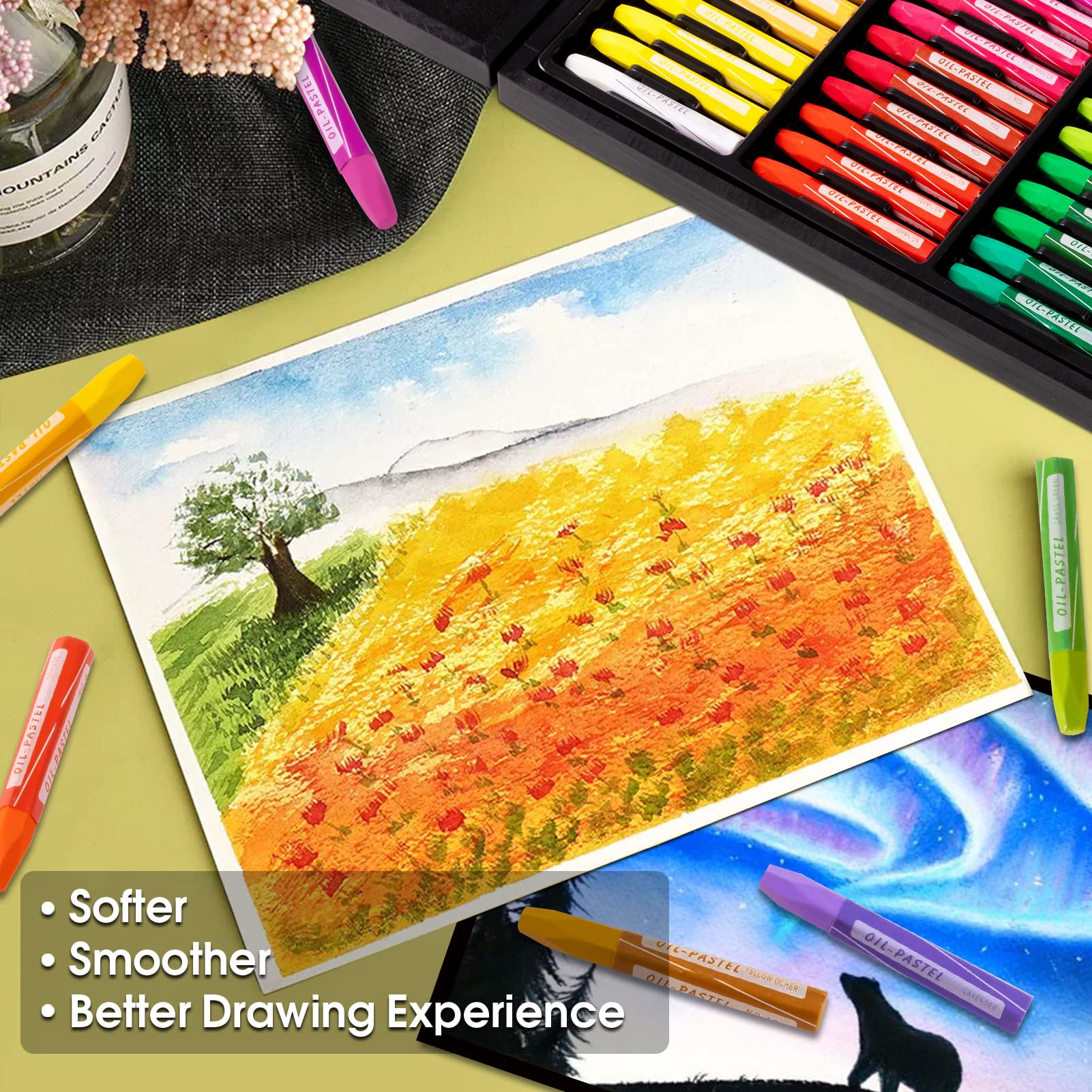 Oil Pastels, 100 Pieces Deluxe Wooden Pastels Art Supplies Set with Blessing, 3-Color Sketch Pad Included, Creative Gift Box for Kids Artists Adults Beginners - Being Happy Never Goes Out of Style