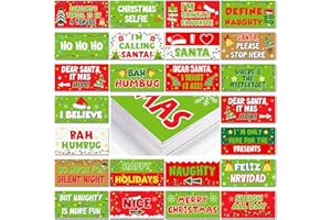 BEEVEER 24 Designs Christmas Photo Booth Props Double Sided 11x5.5 Inch Christmas Party Decoration Red and Green Xmas Props for Photoshoot Supplies Waterproof Selfie Signs PVC for Holiday Party Supplies