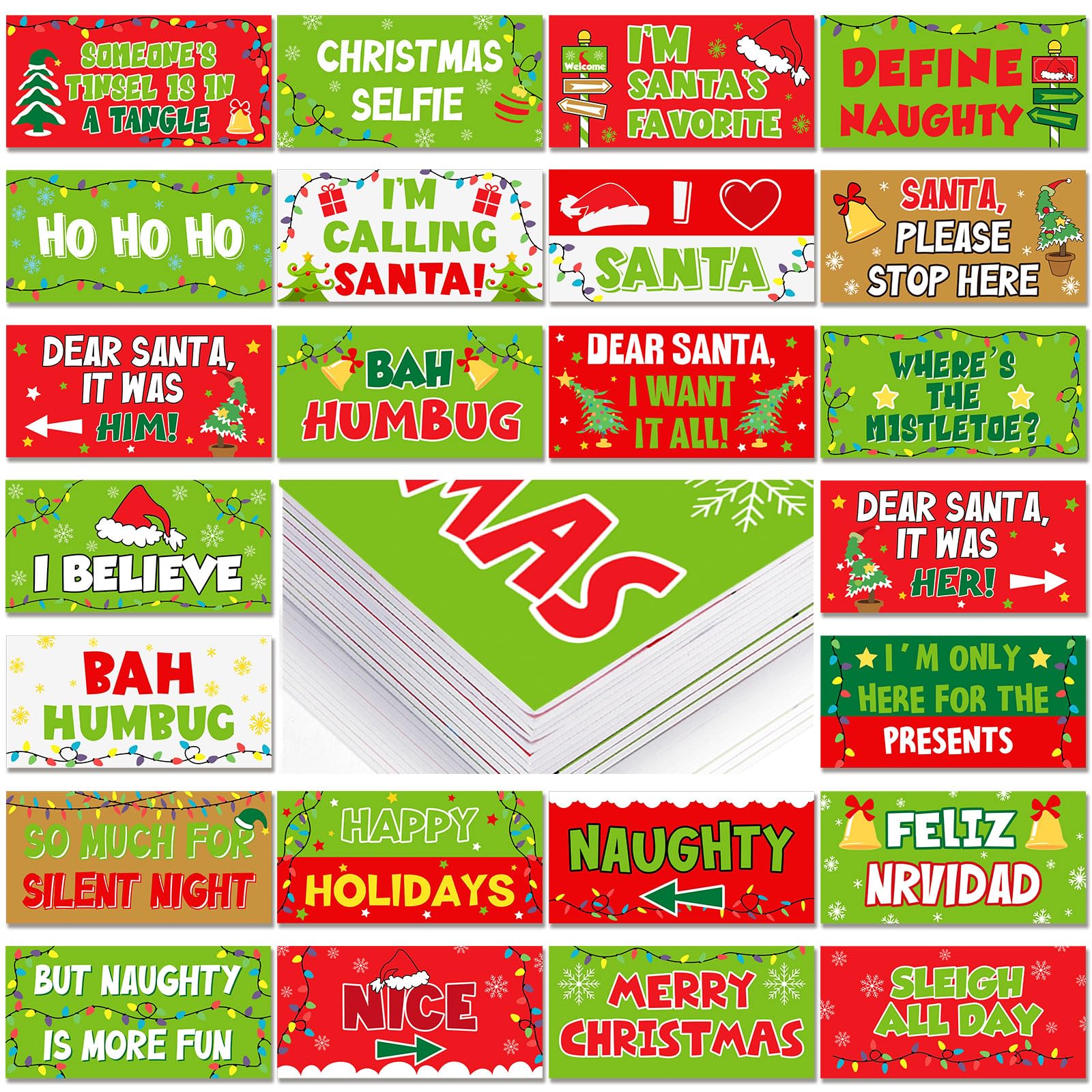 Photo 1 of 24 Designs Christmas Photo Booth Props Double Sided 11x5.5 Inch Christmas Party Decoration Red and Green Xmas Props for Photoshoot Supplies Waterproof Selfie Signs PVC for Holiday Party Supplies