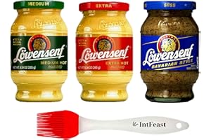 Löwensenf German Mustard Variety Pack (3 Pack) - Extra Hot Mustard 9.3oz (1 Piece) Medium Hot Mustard 9.3oz (1 Piece) Sweet and Spicy Mustard Jar 10.05oz (1 Piece) with Intfeast Silicone Pastry Brush
