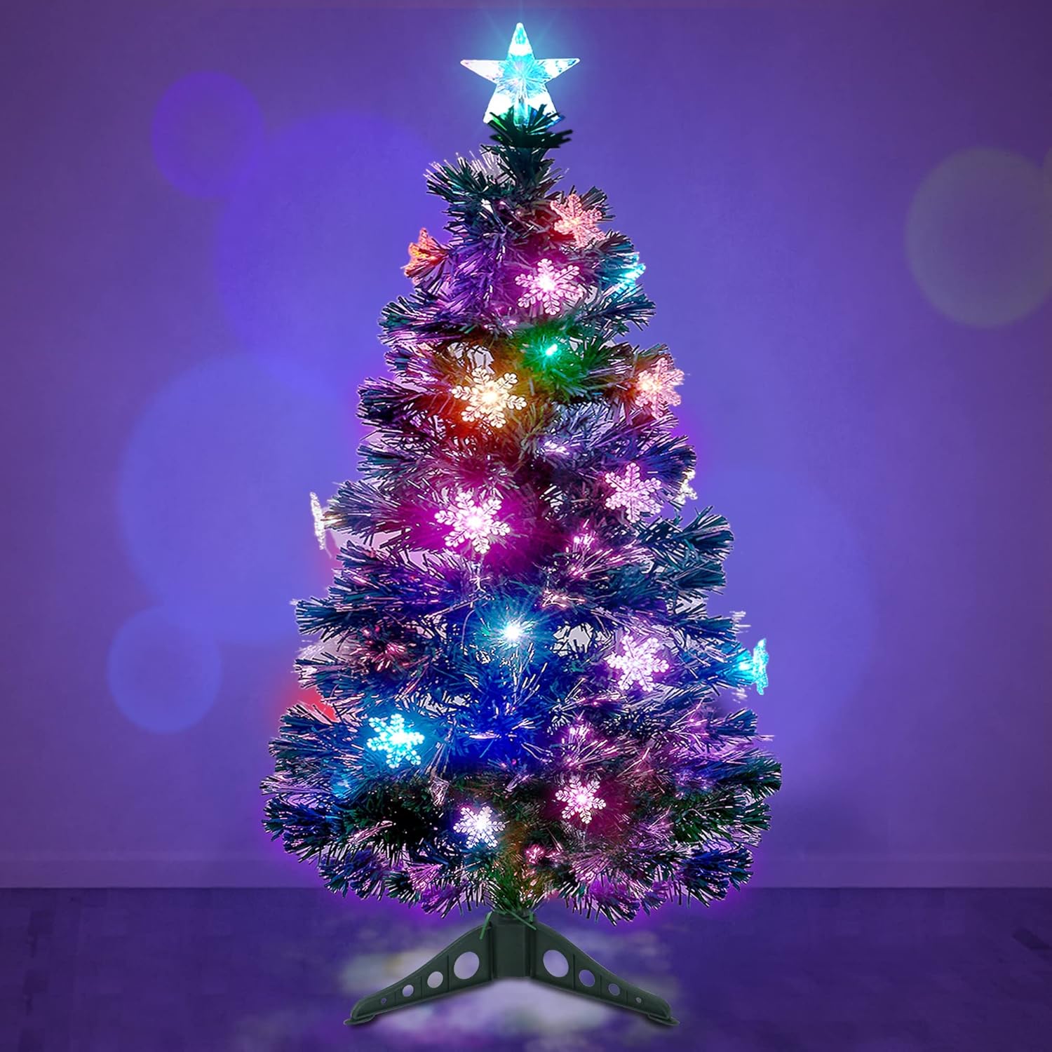 Trees - Prsildan 3 FT Artificial Christmas Tree, Pre-Lit Optical Fiber Xmas Trees with Multicolor LED Lights, Snowflakes & Top Star, Lighted Christmas Tree Holiday Home Decor