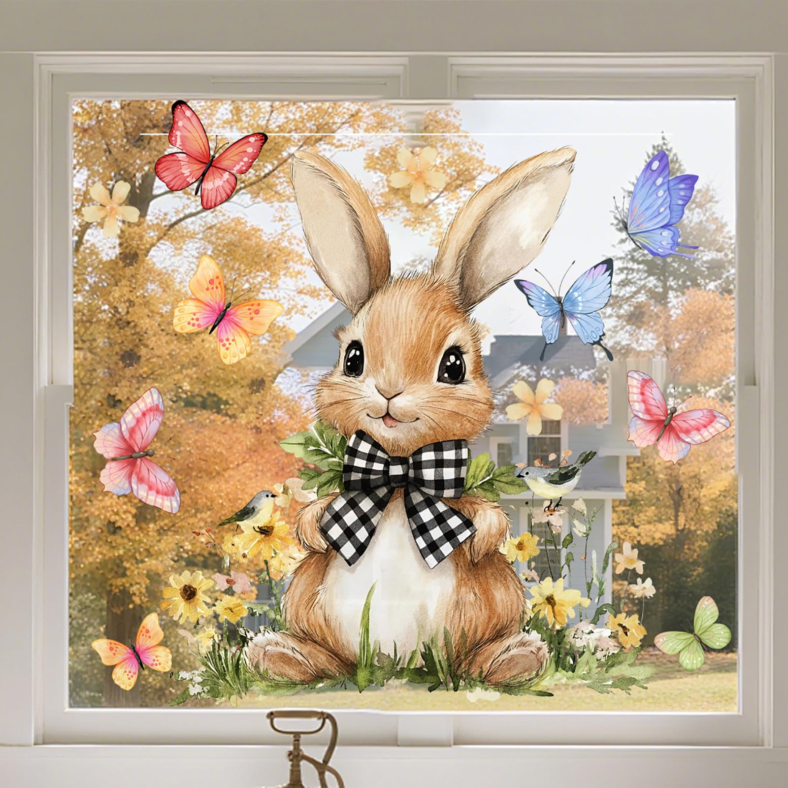 Photo 1 of 1 Sheet Easter Bunny Window Clings for Glass Windows Spring Window Stickers Easter Double-Sided Stickers Cute Bunny & Butterfly Electrostatic Window Decals for Home Office Shop Glass Decor