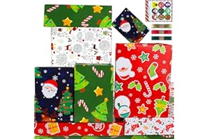 Kids Christmas Wrapping Paper Sheets-Children Christmas Gift Wrapping Paper Christmas Gift Wrap Set with Sticker Ribbon-Fun X
