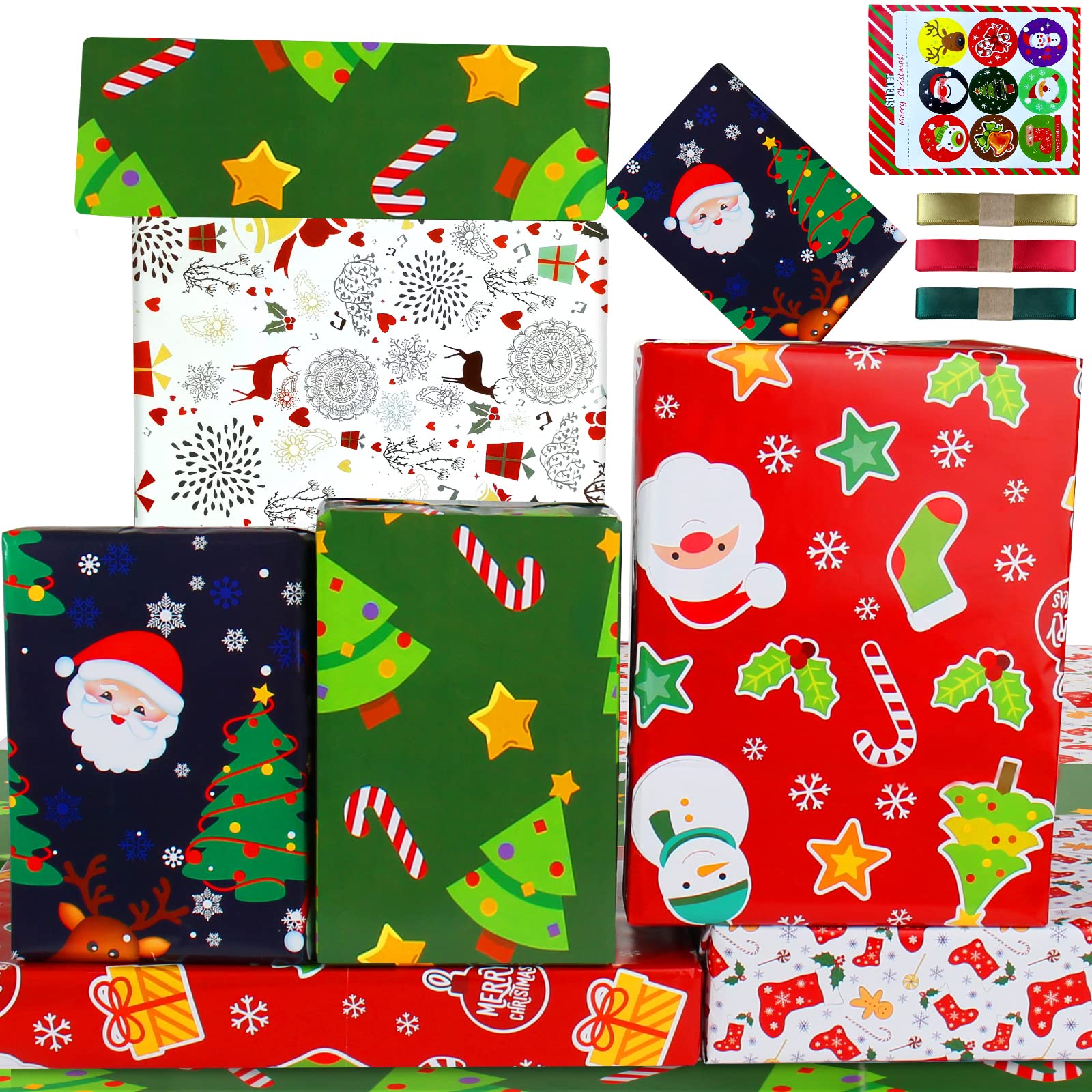 Kids Christmas Wrapping Paper Children Gift Wrap Xmas Wrapping Paper for Girl Boy Gift Wrapping Paper Set,Red Green Deer Santa Christmas Paper Present Wrap Gift Wrapper