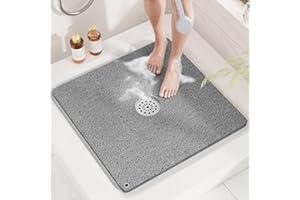 HITSLAM Shower Mat, 24x24 Inch Square Non Slip Bathtub Mat, Soft PVC Loofah Bath Mat for Tub with Hanging Holes, Quick Drying Shower Floor Mat, Without Suction Cups, Grey