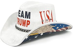 Keilin Team Trump Cowboy Cowgirl Hat American Flag USA Patriotic Embroidered Straw Western MAGA Hat White