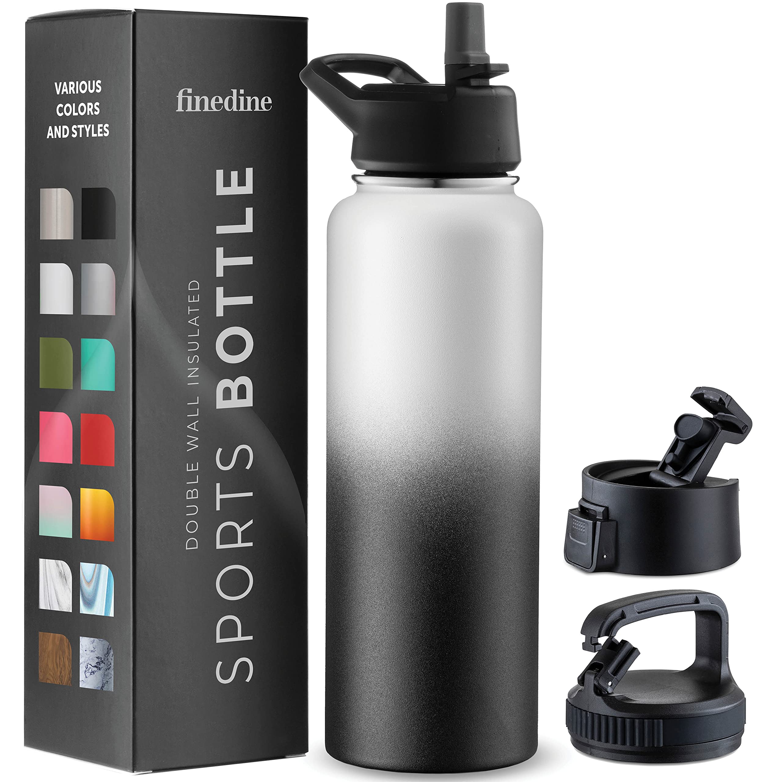 FineDine Water Bottle - Stainless Steel Insulated Water Bottle with Straw Lid, Flip Lid & Wide-Mouth Cap - Keeps Hot and Cold - 40 Oz / 1.18L - Dreamy Black-White