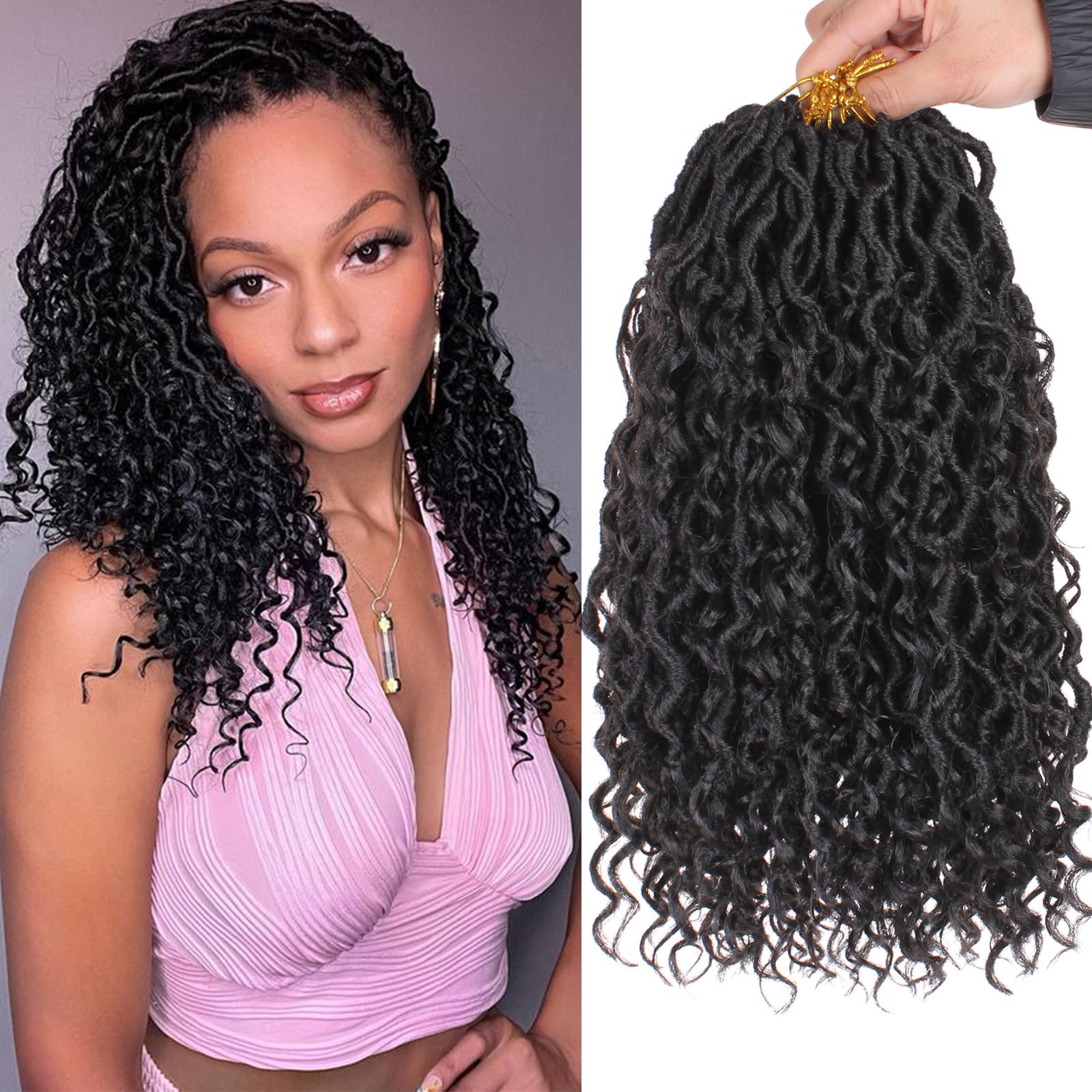 MSCAT Mscat 14 Inch 8 Packs Black River Goddess Faux Locs Crochet Hair Wavy With Curly Ends Pre-looped River Locs Synthetic Crochet Braiding Bohemian Faux Locs Hair Extensions (14Strands/Pack 1B#)
