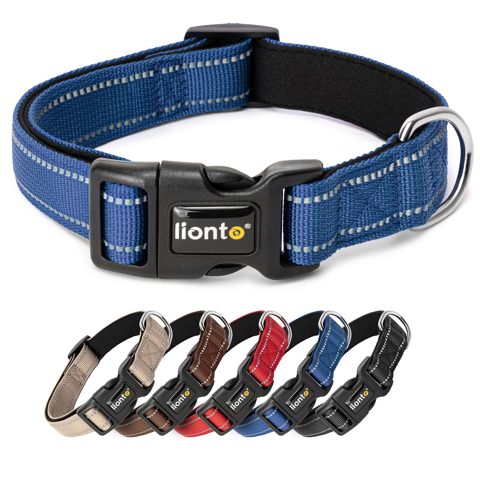 lionto Dog collar made of durable nylon, size XS, soft padded collar for dogs, 360° reflective & click fastener, metal ring & adjustment with stepless slider, blue