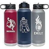Next Day Shipping, Personalized Laser Engraved 12 20 32 40 oz Water Bottle with Name & Sport Logo, Stainless Steel Double Wall Vacuum Insulated with Lid and Straw Custom Water Bottle (Sport Chart 2)