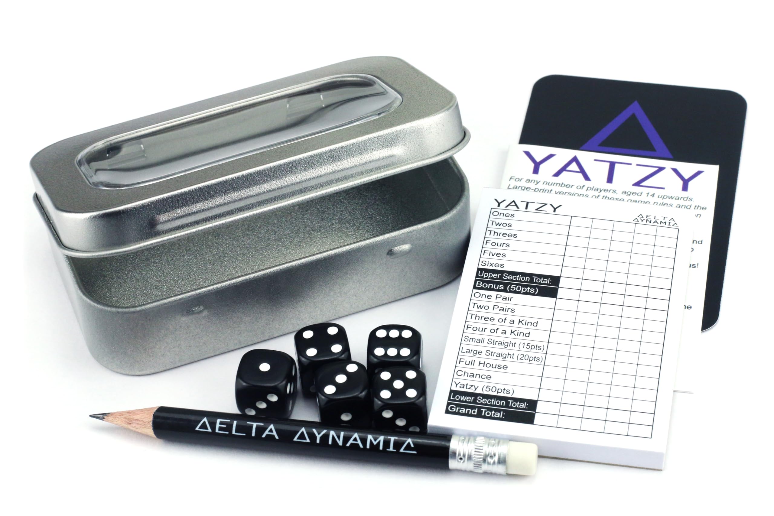 Delta Dynamic Products Yatzy Travel Tin – Traditional Dice Game in a Compact Hinged Storage Tin. Pocket-Sized Set (9.6 x 6.2 x 2.2cm). UK-Made.