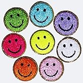 2" Cute Chenille Smile Face Patch, 8Pcs Golden Iron on Patches for Clothes Bags Jacket Jeans Backpacks Shoes, Smile Face Emblem for Kids