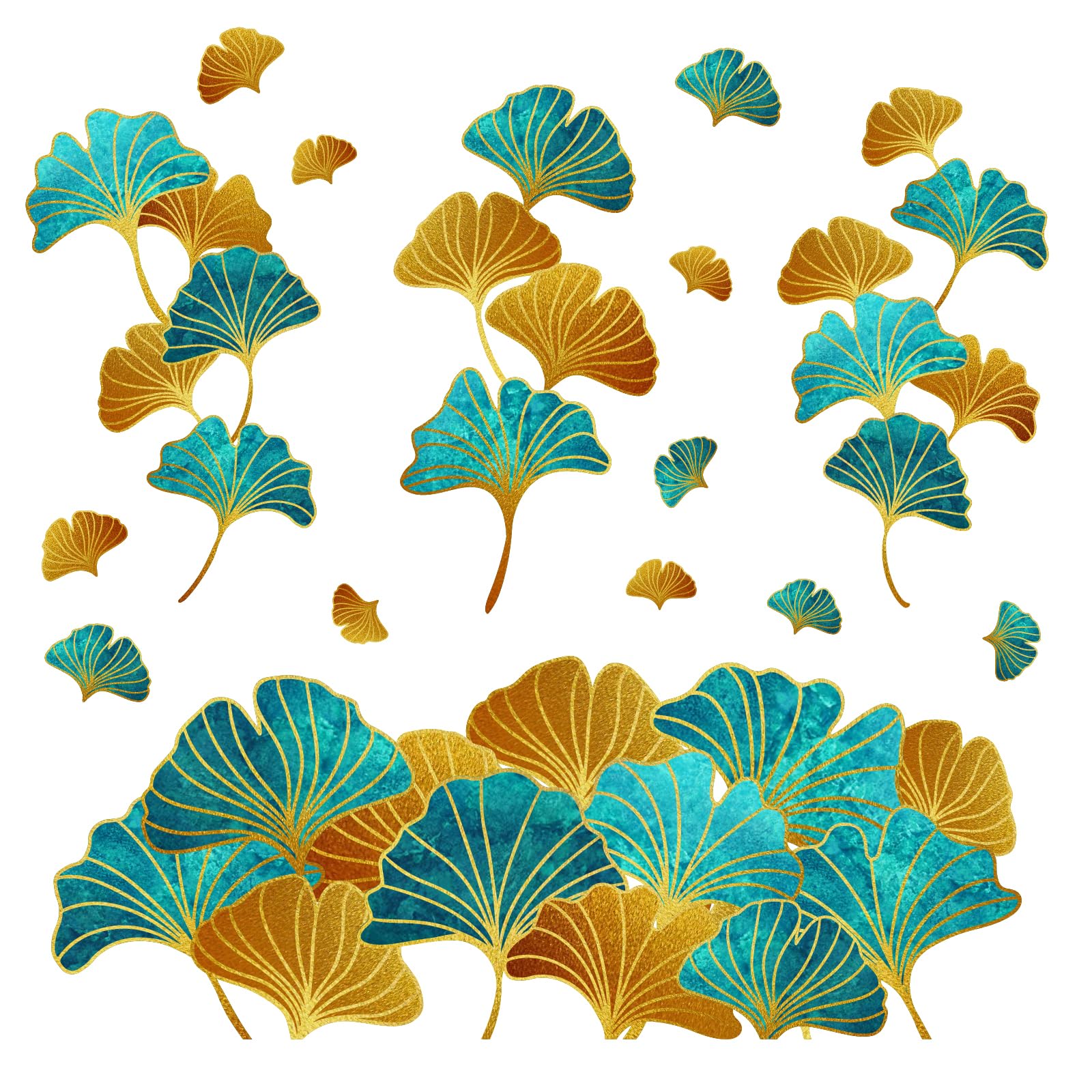 PLIGREAT 15 Pcs Golden & Green Gingko Leaves Wall Stickers, Removable Vinyl Peel and Stick Wall Decals for Bedroom Dining Living Room Wall Decoration Home Indoor DIY Wall Art Decor
