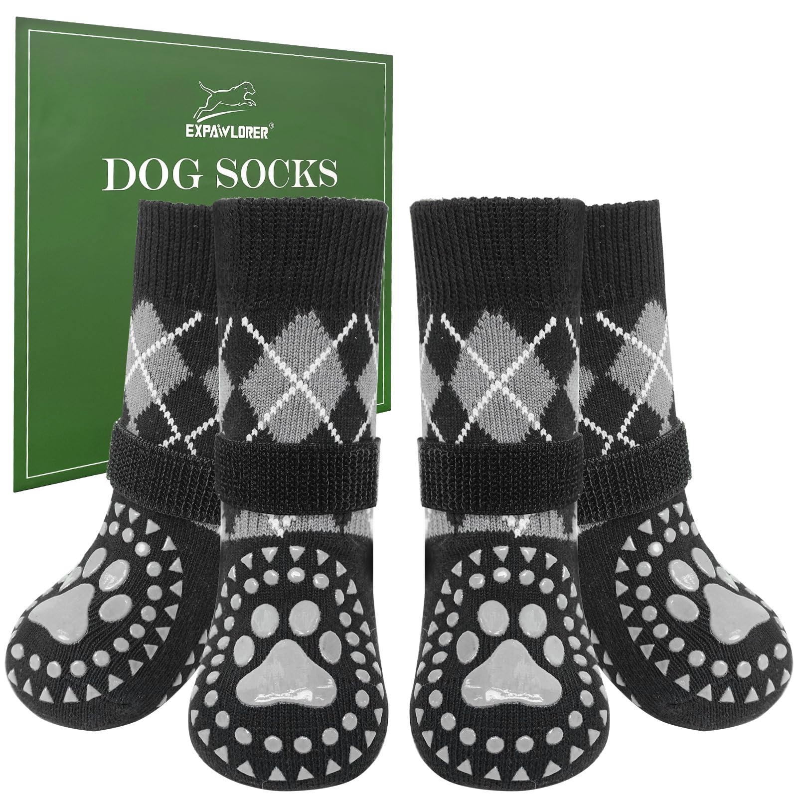 Photo 1 of EXPAWLORER Dog Socks for Hot Pavement to Prevent Licking Paws, Plaid Non Slip Doggie Grippy Booties Shoes for Hardwood Floors, Boots & Paw for Small Medium Large Senior Dogs Black L