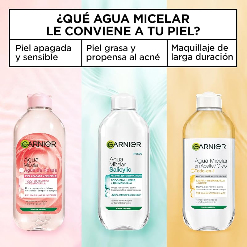 Garnier skin active micellar water com rose water para peles baças e sensíveis, remove a maquilhagem, limpa e ilumina num único gesto, adequado para rosto, lábios e olhos, incolor, 400 ml