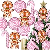 Hungdao 18 Pcs Christmas Balloons Decorations 33 Inch Gingerbread Man Balloons Foil Christmas Candy Balloon Pink Candy Cane Lollipops for Holiday Birthday Party Decorations Supplies