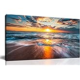 GUGIKA Sun Wall Art for Living Room, Blue Wave and Large Coastal Beach Wall-Decor for Bedroom, Gold Sun Scenery Poster Canvas Print, Size 40 x 20 Inches