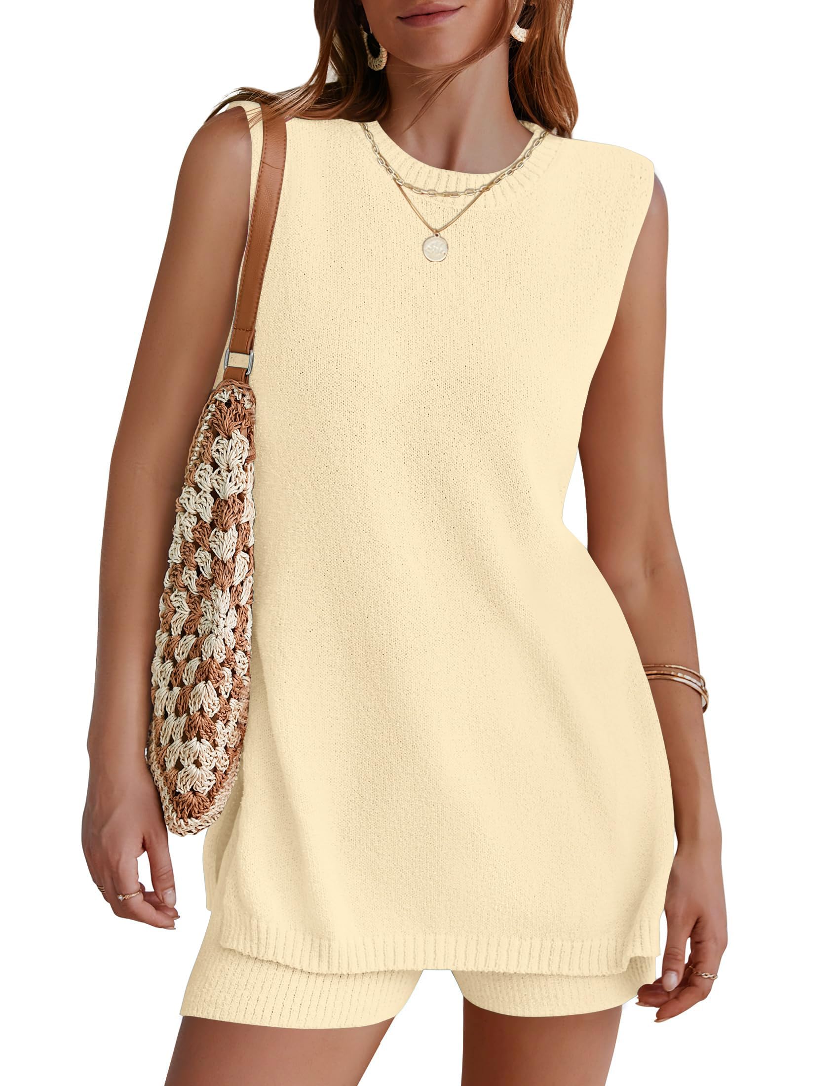 Photo 1 of NENONA Women's Summer Sleeveless Sweater Sets Casual Knit Tunic Tops and Shorts 2 Piece Outfits,Apricot,M