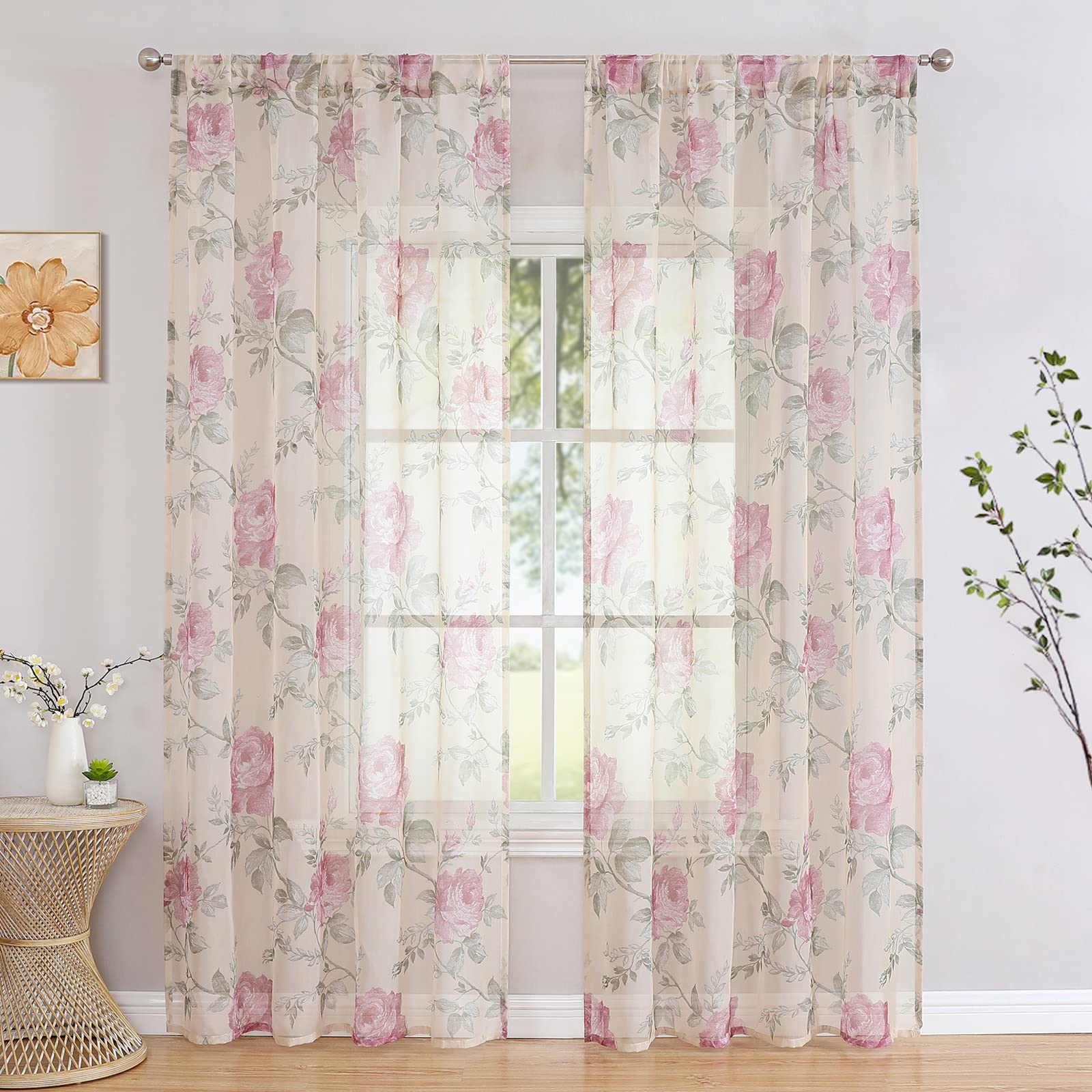 BUHUA Voile Curtains, Semi-Transparent Curtain in Flowers Curtains with Rod Pocket, Curtain Scarves Pattern, Transparent Curtains for Living Room, Set of 2, 160 x 140 cm (H x W), Pink